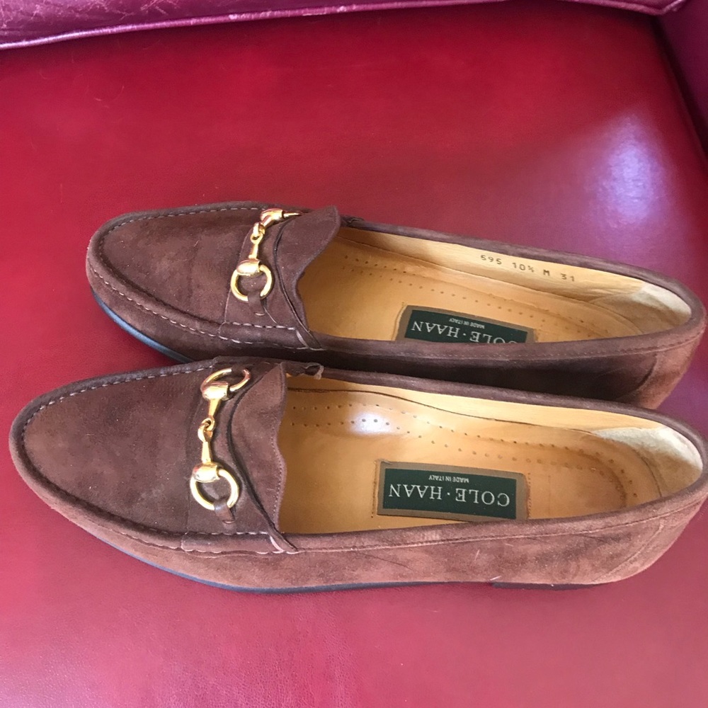 Beautiful brown suede loafers with gold horse bit